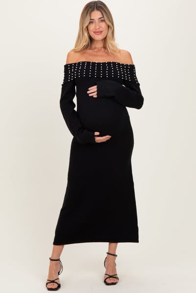 ABLE Black Faux Pearl Detail Off Shoulder Maternity Sweater Dress
