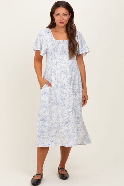 PinkBlush Off White Blue Floral Maternity Dress With Pockets