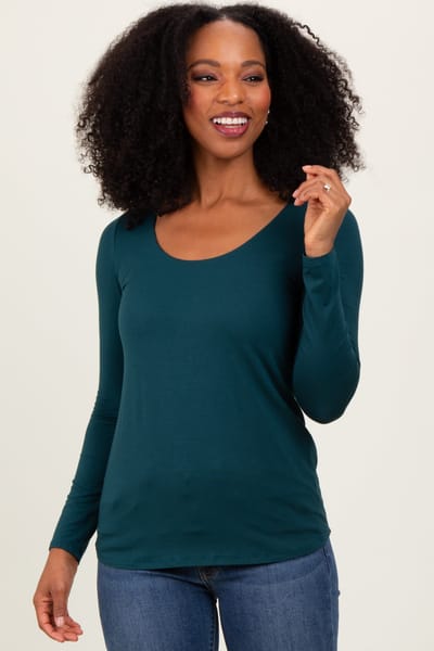 Hello Miz Forest Green Basic Scoop Neck Long Sleeve Top