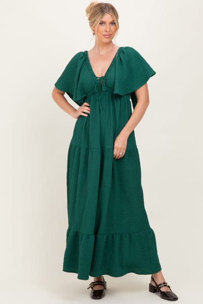 Rhea + Thea Hunter Green Textured Flutter Sleeve V-Neck Tiered Maxi Dress