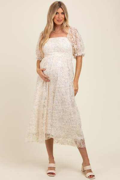 In February Cream Floral Mesh Overlay Tie Back Maternity Midi Dress
