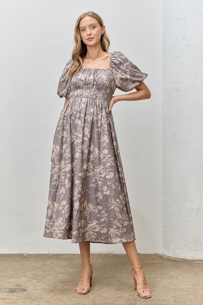 Polagram Grey Floral Puff Sleeve Smocked Waist Midi Dress