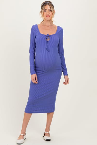 Rhea + Thea Blue Ribbed Long Sleeve Squareneck Fitted Maternity Midi Dress