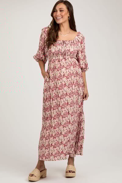 PinkBlush Red Abstract Floral Smocked Maternity Maxi Dress