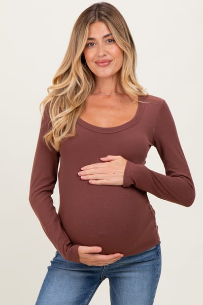 Wishlist Dark Mocha Ribbed Square Neck Long Sleeve Maternity Top