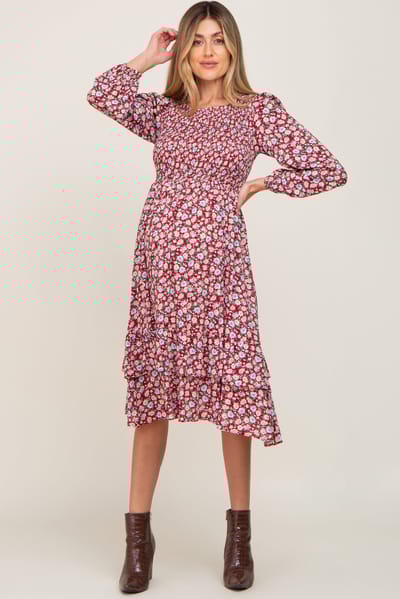 Elloh Burgundy Floral Smocked Long Sleeve Maternity Midi Dress
