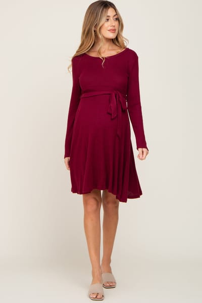 PinkBlush Burgundy Soft Rib Knit Sash Tie Maternity Dress