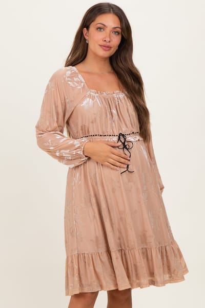 PinkBlush Mocha Floral Velvet Ruffle Accent Maternity Dress
