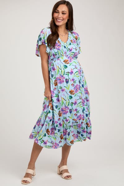 Listicle Light Blue Floral Flutter Sleeve Smocked Maternity Midi Dress
