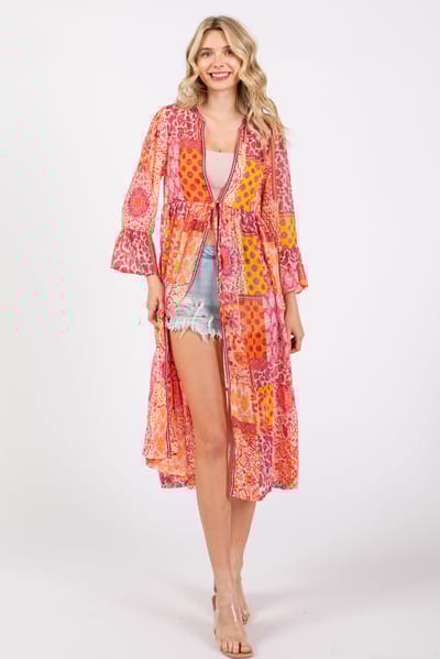 Umgee Pink Floral Paisley Metallic Striped Tie Front Cover Up