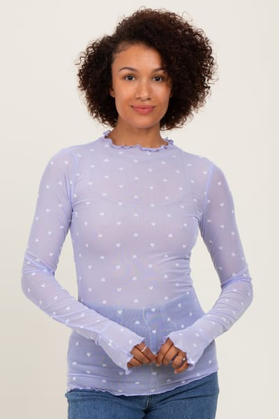 Sweet Generis Lavender Mesh Heart High Neck Long Sleeve Top