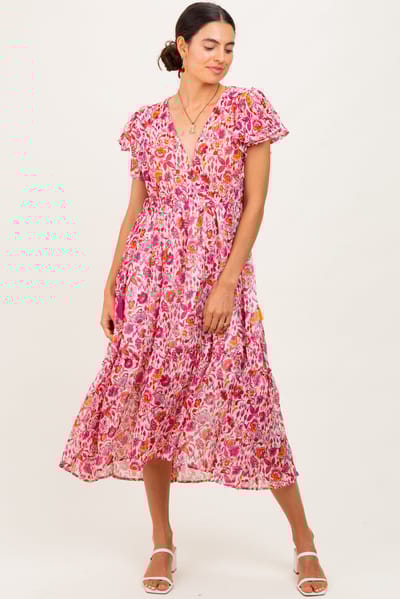 Umgee Pink Floral Chiffon Flutter Sleeve Ruffle Hem Midi Dress