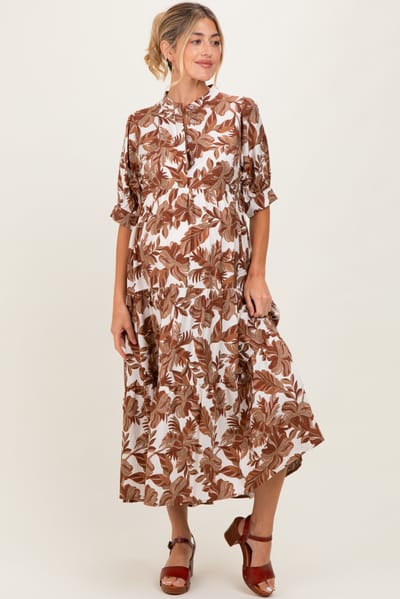 Umgee Brown Leaf Print Tiered Maternity Midi Dress