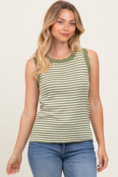 Staccato Olive Striped Knit Scallop Trim Sleeveless Top