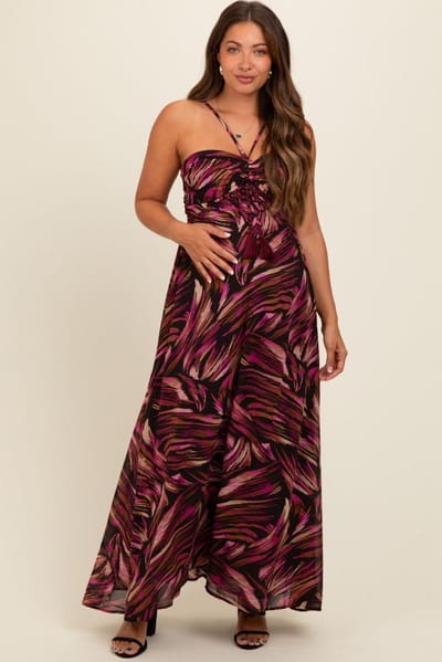 PinkBlush Black Printed Halter Cross Back Maternity Maxi Dress