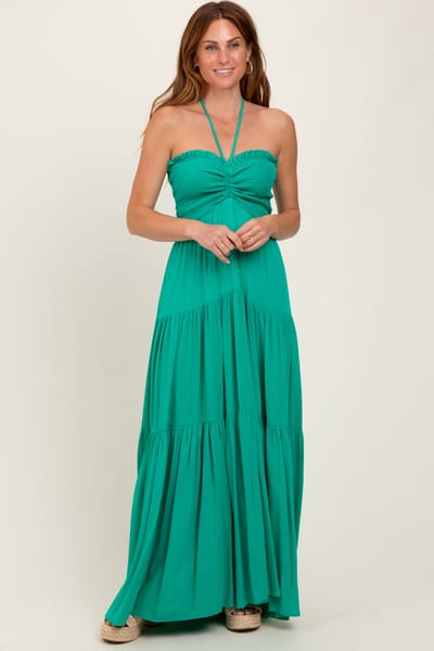 Cameo Green Smocked Halter Tiered Maxi Dress