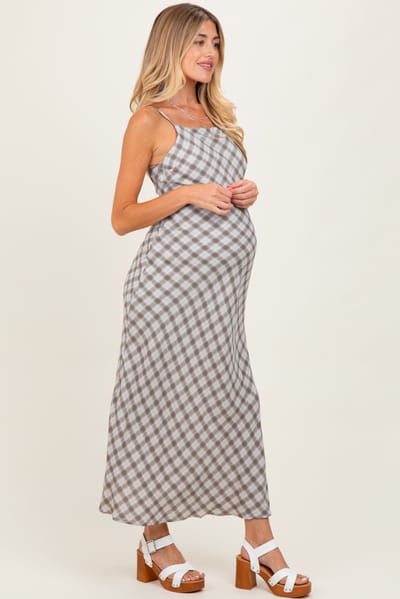 Blu Pepper Ivory Plaid Sleeveless Maternity Maxi Dress