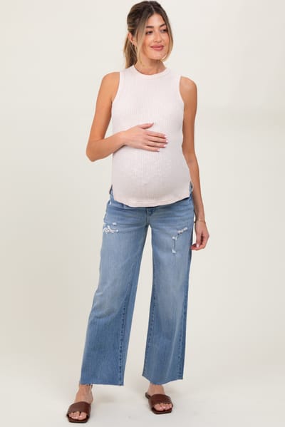 Vervet Blue Distressed Raw Hem Cropped Wide Leg Maternity Jeans