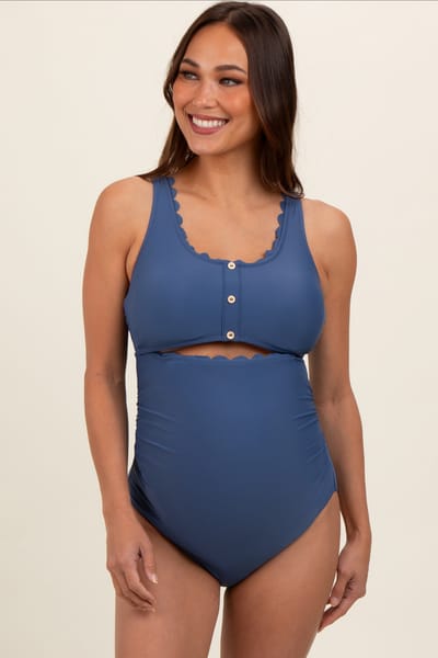 PinkBlush Blue Scalloped Cutout Ruched Maternity One Piece Swimsuit