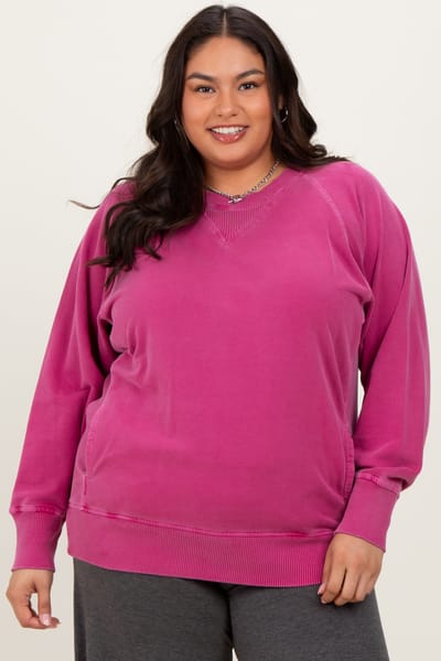 Zenana Outfitters Fuchsia Vintage Wash French Terry Plus Pullover