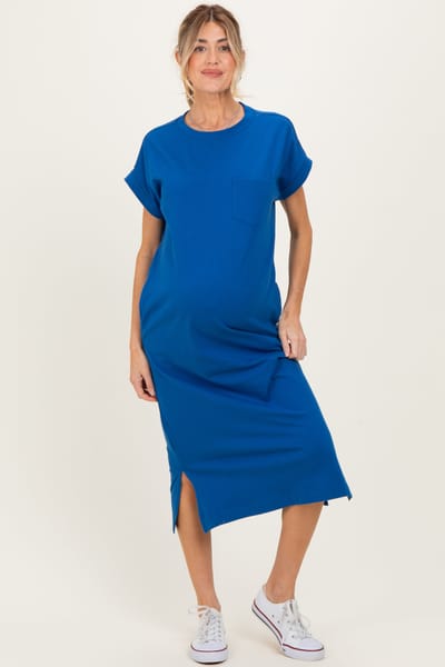 Zenana Outfitters Royal Blue Pocket Front Maternity Midi T-Shirt Dress
