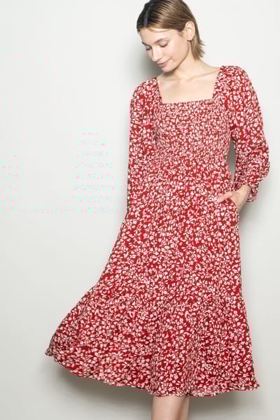Elloh Red Floral Square Neck Maxi Dress