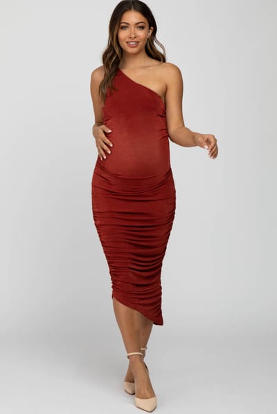 Endless Blu Rust One Shoulder Ruched Side Maternity Midi Dress