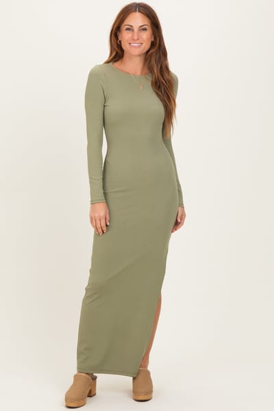 Shop Iris Basic Light Olive Ribbed Long Sleeve Side Slit Maxi Dress