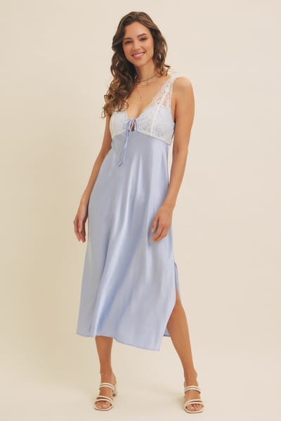 In February Light Blue Satin Lace Side Slit Slip Dress