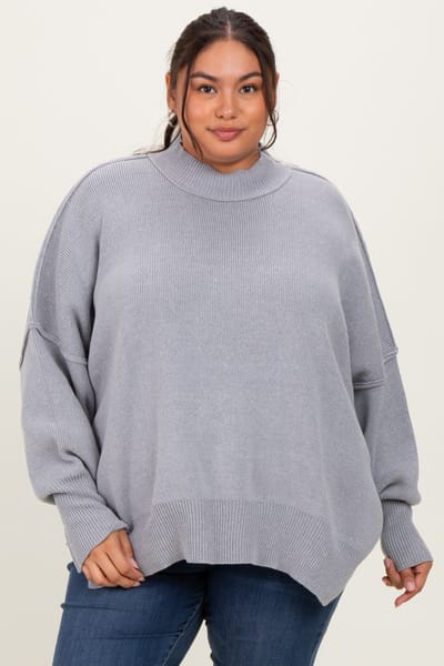 Zenana Outfitters Heather Grey Mock Neck Exposed Seam Sweater