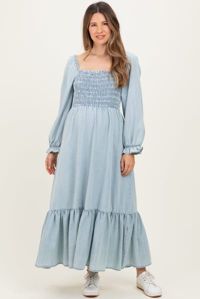 Elloh Light Denim Washed Sweetheart Maternity Maxi Dress