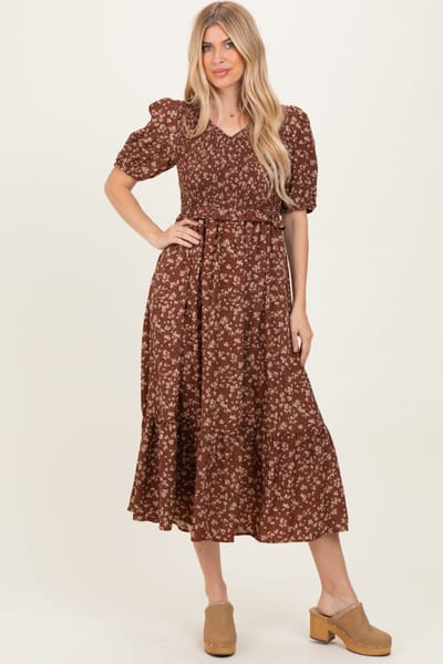 Tea N Rose Brown Floral Smocked Short Sleeve Midi Dress