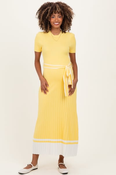 PinkBlush Yellow Knit Pleated Sash Tie Maternity Midi Dress