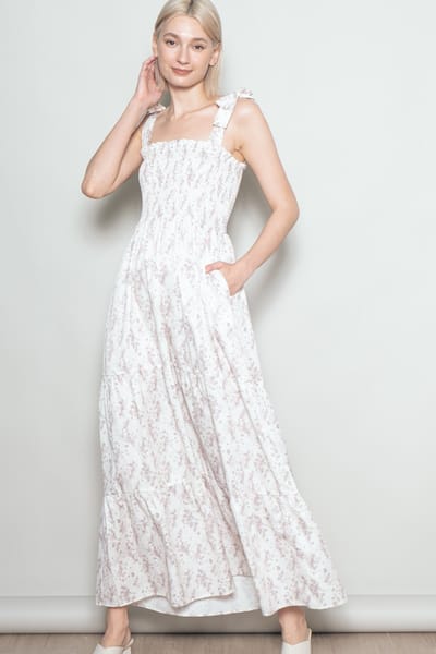 Elloh Ivory Floral Shoulder Tie Maxi Dress