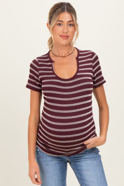PinkBlush Burgundy Stripe Short Sleeve Round Neck Maternity Top