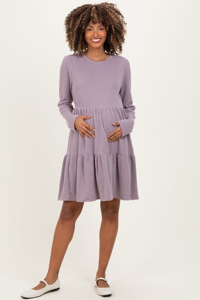 Heimish Lavender Textured Rib Tiered Long Sleeve Maternity Dress