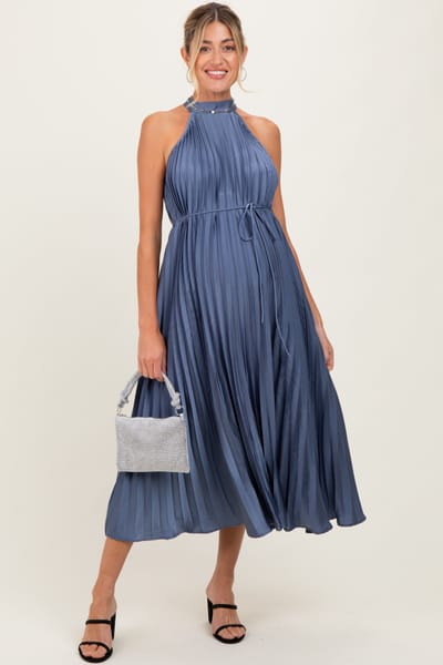 Rosevelvet Navy Blue Pleated Maternity Halter Dress