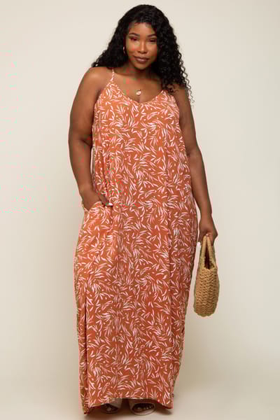 Heimish Rust Leaf Print Double V-Neck Plus Maxi Dress