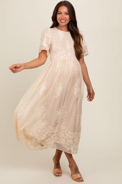Tea N Rose Cream Embroidered Smocked Maternity Midi Dress