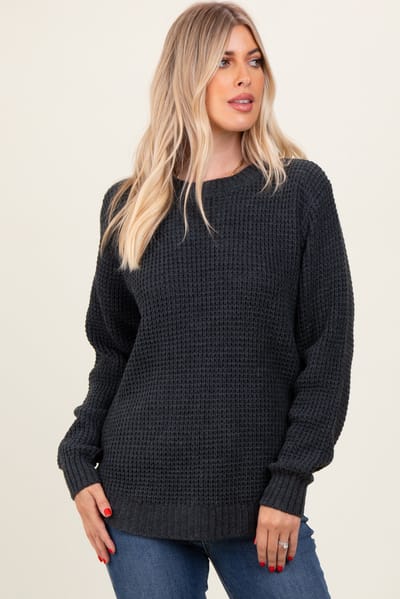 Zenana Outfitters Charcoal Waffle Knit Rounded Hem Sweater
