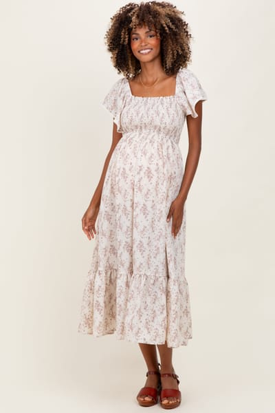 Elloh Cream Floral Smocked Lace Trim Flutter Sleeve Maternity Midi Dress