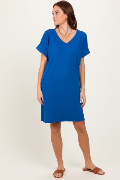 Zenana Outfitters Royal Blue Brushed Rolled Short Sleeve V-Neck Dress