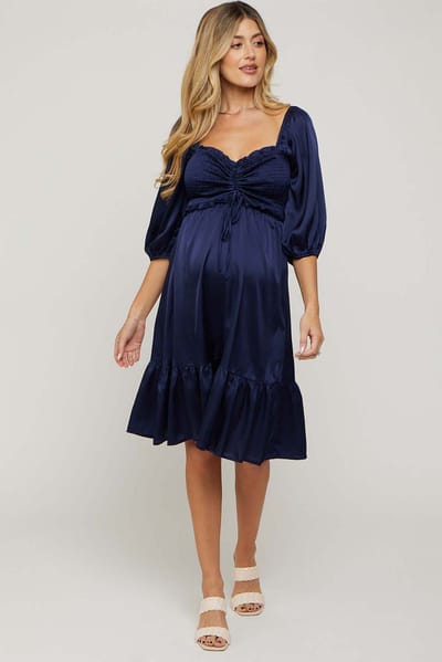 Dress Day Navy Satin Smocked Ruffle Hem Maternity Dress