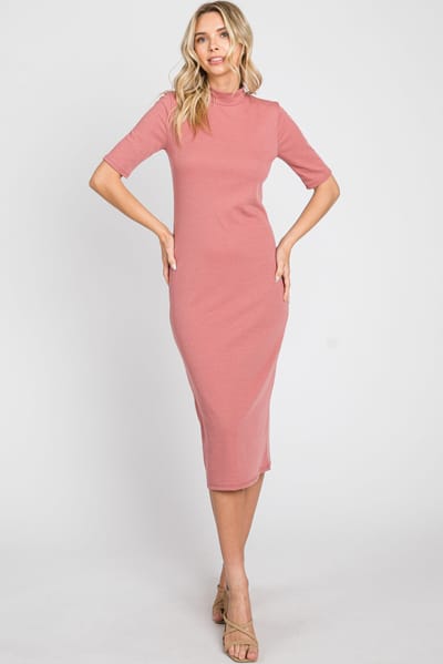 Elloh Mauve Ribbed Mock Neck Midi Dress