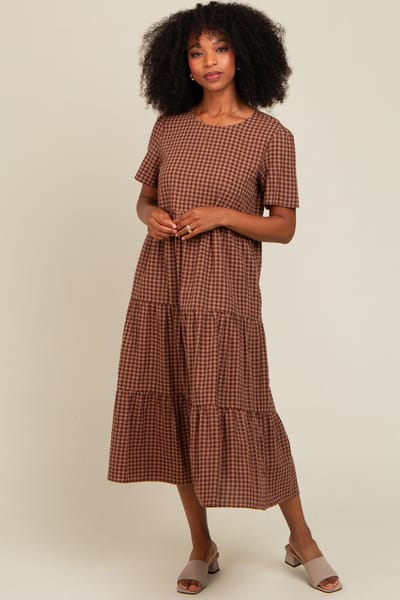 Tea N Rose Mocha Gingham Tiered Midi Dress