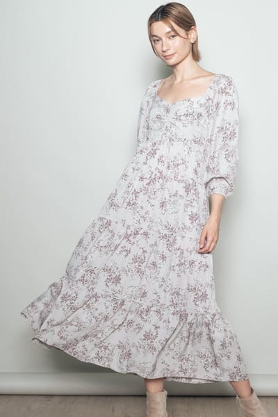 Elloh White Grey Antique Floral Neck Maxi Dress