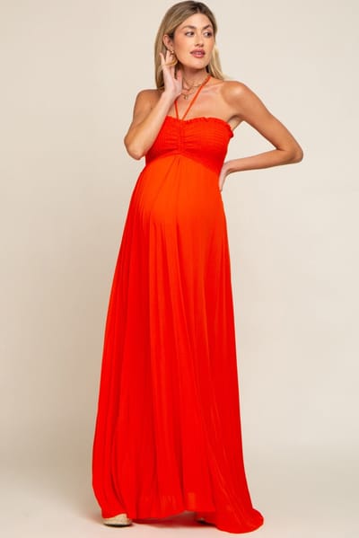 Cameo Orange Smocked Halter Maternity Maxi Dress