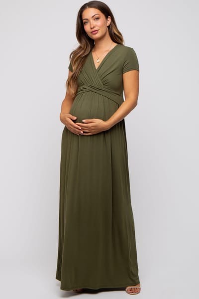 Rhea + Thea PinkBlush Olive Draped Maternity/Nursing Maxi Dress
