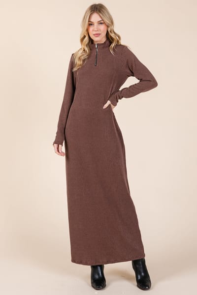 BomBom Brown Textured Rib Quarter Zip Maxi Dress