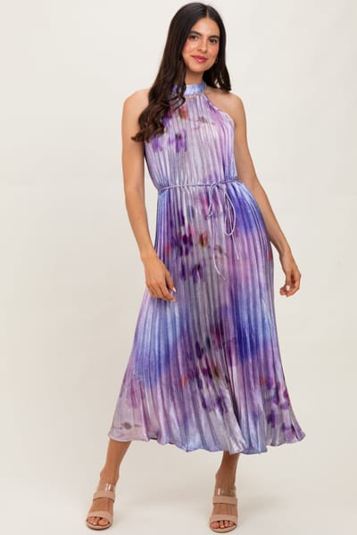 Rosevelvet Lavender Floral Pleated Halter Midi Dress